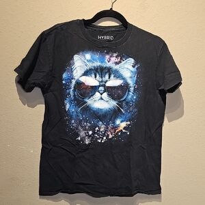 Hybrid Apparel Galaxy Cat Black Graphic Tee Size Large